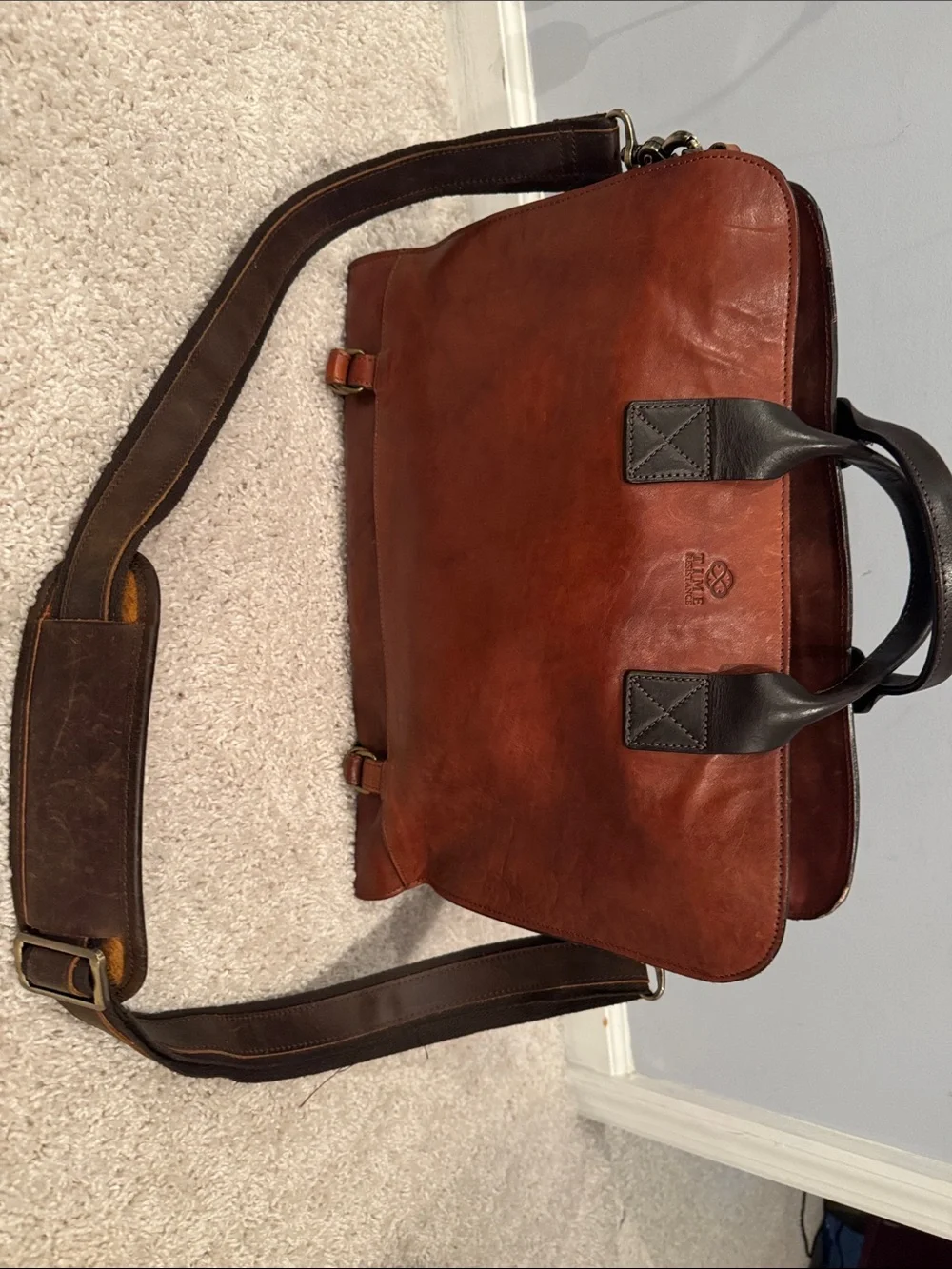Time Resistance Premium Cognac Leather Briefcase with Dark Handles and Shoulder